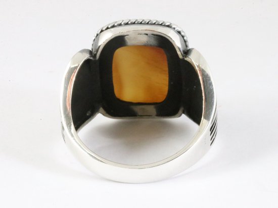 Zware bewerkte zilveren ring met bruine agaat afbeelding 3