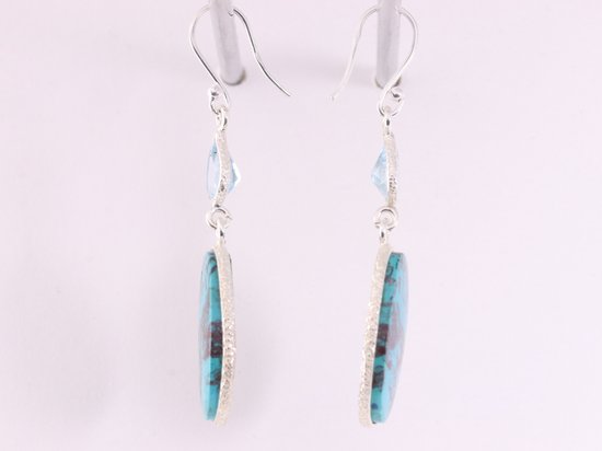 Lange zilveren oorbellen met chrysocolla en blauwe topaas afbeelding 2