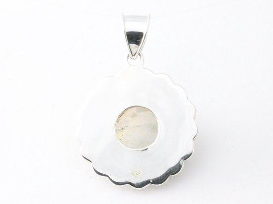 Ronde bewerkte zilveren hanger met regenboog maansteen afbeelding 3