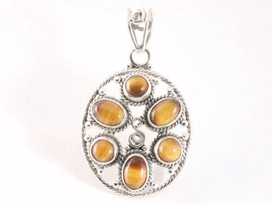 Grote opengewerkte zilveren hanger met tijgeroog afbeelding 4