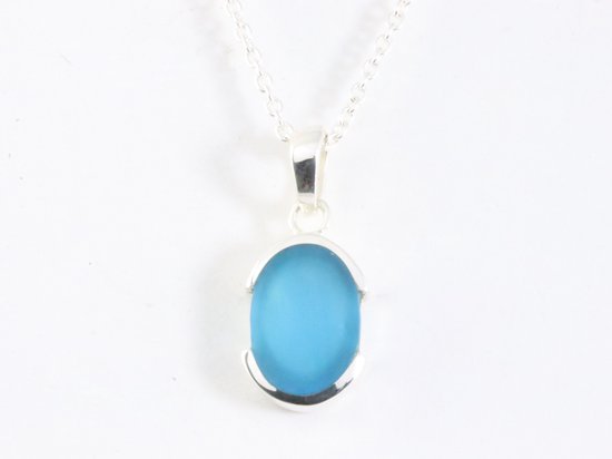 Fijne hoogglans zilveren hanger met blauwe agaat aan ketting afbeelding 4