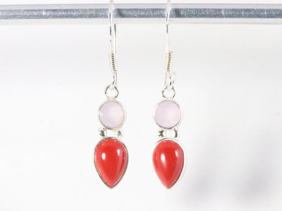 Fijne zilveren oorbellen met rode koraal steen en rozenkwarts afbeelding 4