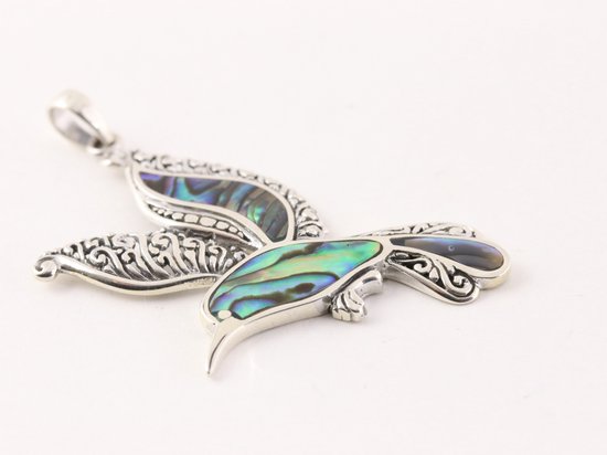 Zilveren kolibrie hanger met abalone schelp aan ketting afbeelding 2