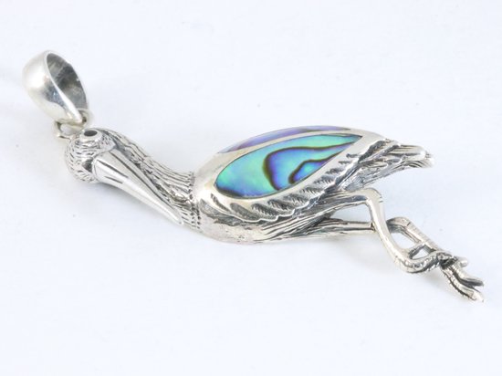 Zilveren kraanvogel hanger met abalone schelp afbeelding 2