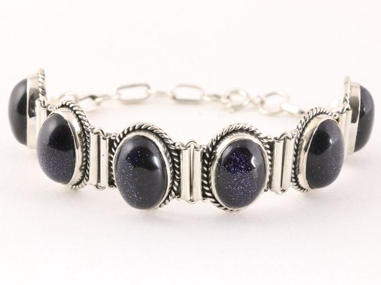 Zware bewerkte zilveren armband met blauwe zonnesteen afbeelding 1