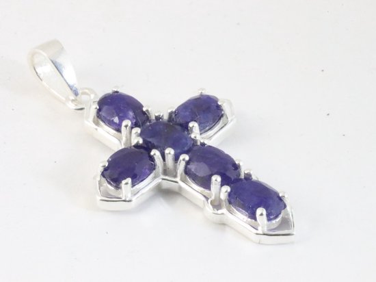 Zilveren kruishanger met blauwe saffier afbeelding 2