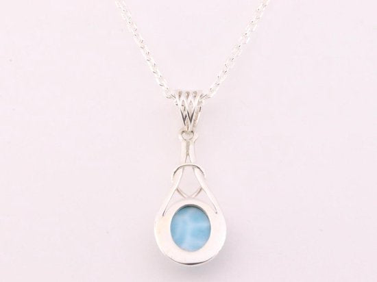 Opengewerkte zilveren hanger met larimar aan ketting afbeelding 3