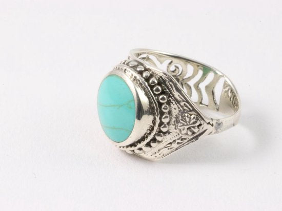 Opengewerkte zilveren ring met groene turkoois afbeelding 3