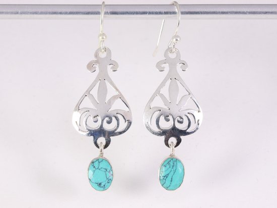 Lange opengewerkte zilveren oorbellen met turkoois afbeelding 4