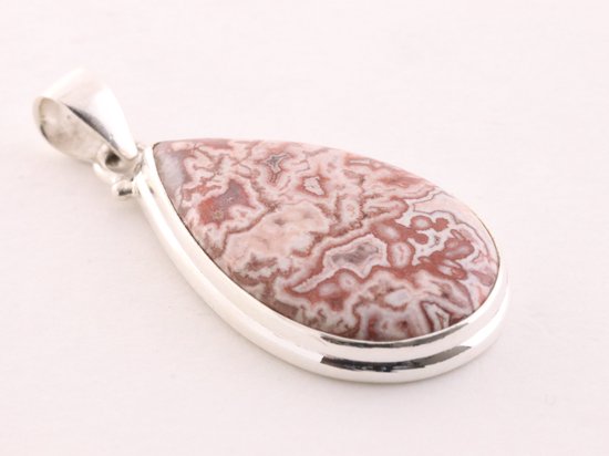 Druppelvormige zilveren hanger met roze Rosetta jaspis aan ketting afbeelding 2