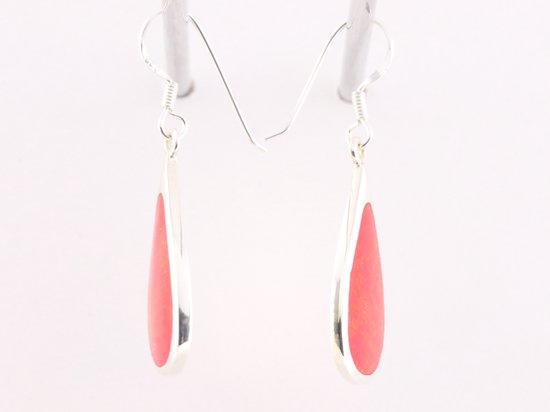 Grote druppelvormige zilveren oorbellen met rode koraal steen afbeelding 2