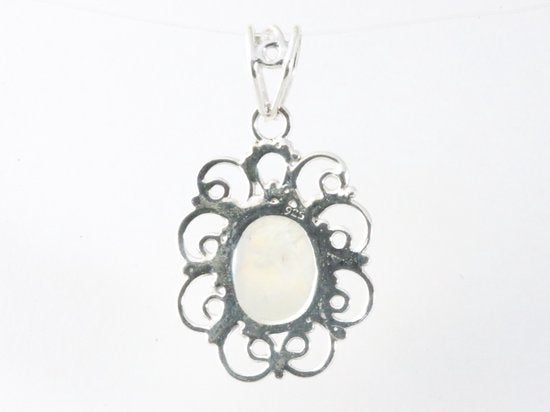 Opengewerkte zilveren hanger met regenboog maansteen afbeelding 3