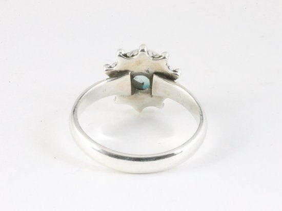Fijne bewerkte zilveren ring met aqua chalcedoon afbeelding 3