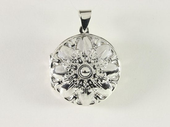 Rond zilveren medaillon met bloemgravering afbeelding 4
