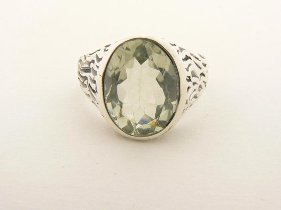 Bewerkte zilveren herenring met groene amethist afbeelding 4