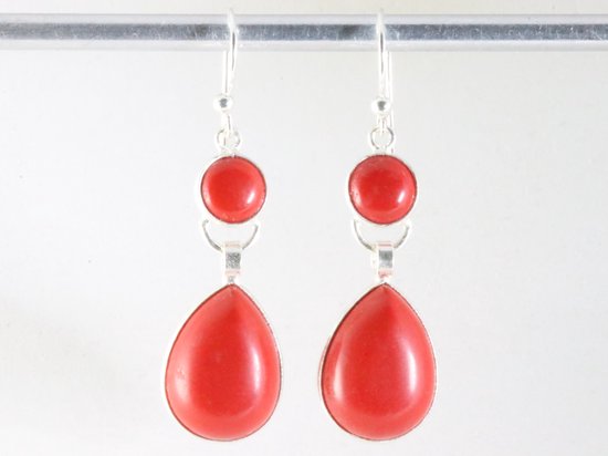 Lange zilveren oorbellen met rode koraal steen afbeelding 3