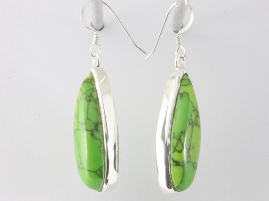 Lange zilveren oorbellen met groene koperturkoois afbeelding 2