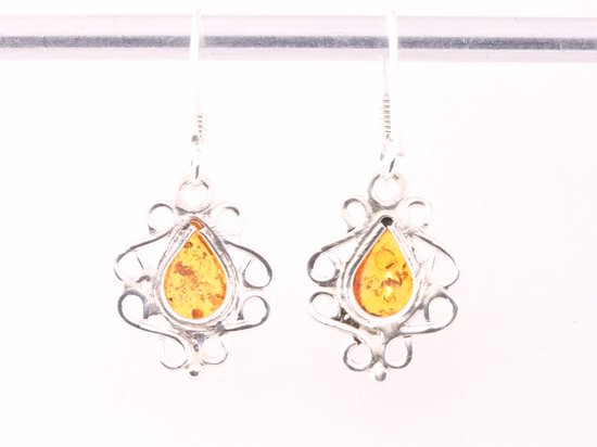 Fijne opengewerkte zilveren oorbellen met amber afbeelding 3