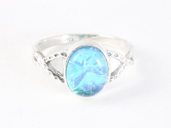 Fijne opengewerkte zilveren ring met blauwe opaal afbeelding 4
