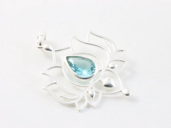 Opengewerkte zilveren lotus hanger met blauwe topaas afbeelding 2
