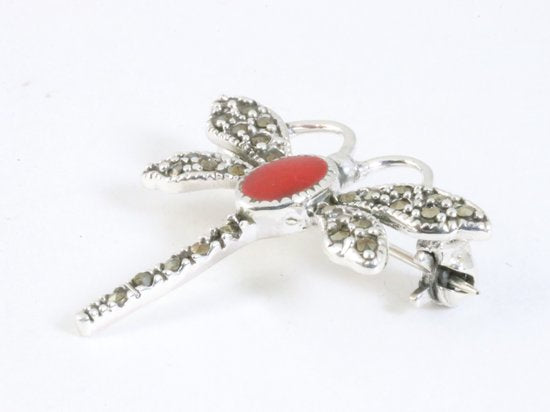 Zilveren libelle broche met carneool afbeelding 2