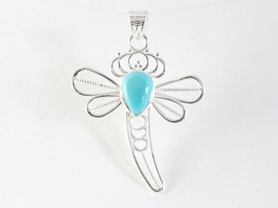 Opengewerkte zilveren libelle hanger met blauwe Arizona turkoois afbeelding 4