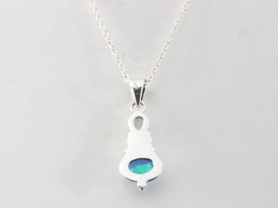 Fijne bewerkte zilveren hanger met blauwe opaal en bergkristal aan ketting afbeelding 3