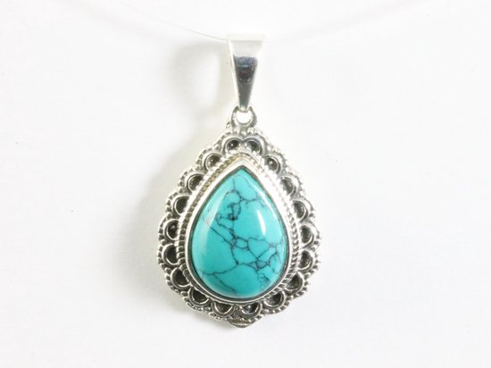 Bewerkte druppelvormige zilveren hanger met turkoois afbeelding 4