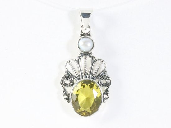 Opengewerkte zilveren hanger met citrien en parel afbeelding 4