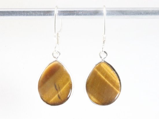 Druppelvormige zilveren oorbellen met gefacetteerde tijgeroog afbeelding 3