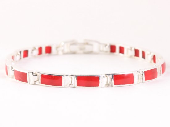Hoogglans zilveren armband met rode koraal steen afbeelding 1