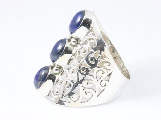 Langwerpige opengewerkte zilveren ring met lapis lazuli afbeelding 2