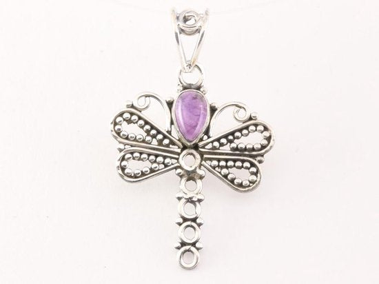 Opengewerkte zilveren libelle hanger met amethist afbeelding 1