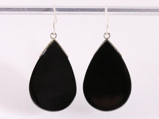Grote druppelvormige zilveren oorbellen met onyx afbeelding 3