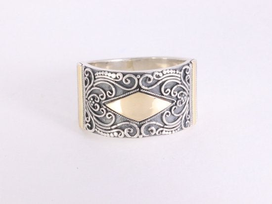 Traditionele bewerkte zilveren ring met 18k gouden decoraties - maat 18 afbeelding 4
