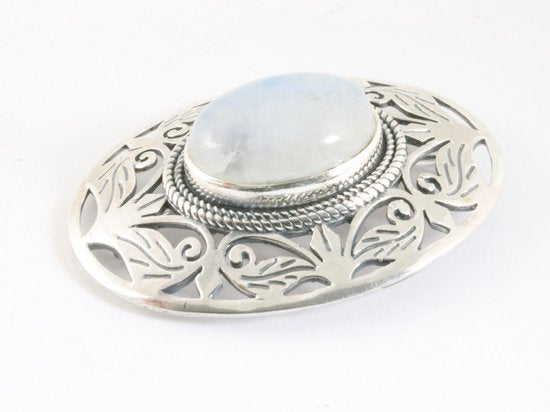 Grote opengewerkte zilveren broche met regenboog maansteen afbeelding 2