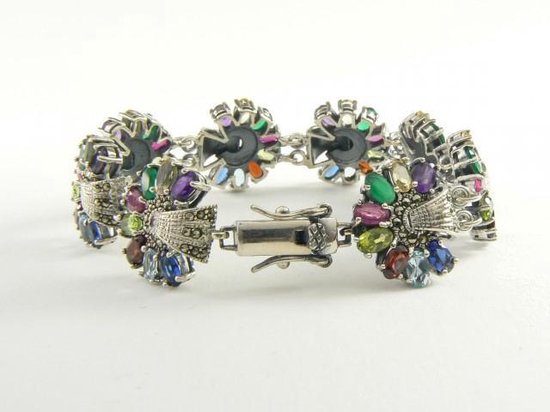 Zilveren bloemvormige tennisarmband met multi color edelstenen en marcasiet afbeelding 3