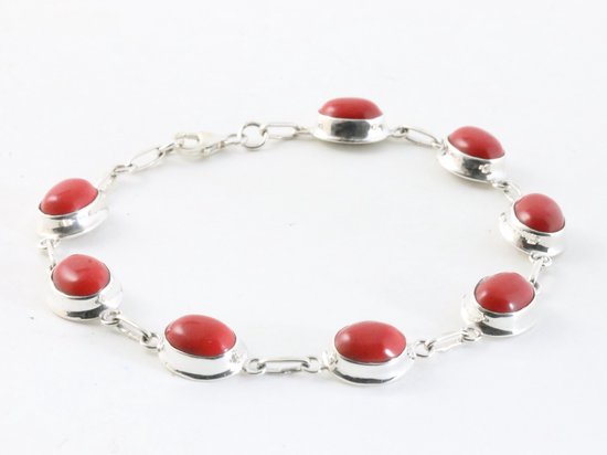 Hoogglans zilveren armband met rode koraal steen afbeelding 2