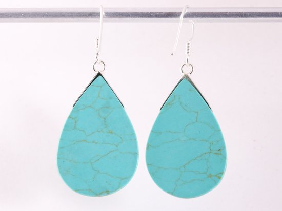 Grote druppelvormige zilveren oorbellen met groene turkoois afbeelding 3