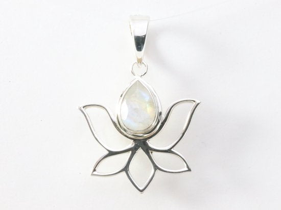 Opengewerkte zilveren lotus bloem hanger met regenboog maansteen afbeelding 4