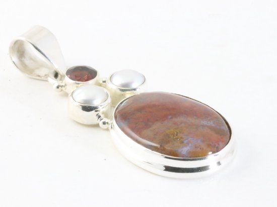 Zilveren hanger met Marokkaanse sesam agaat, granaat en parel afbeelding 2