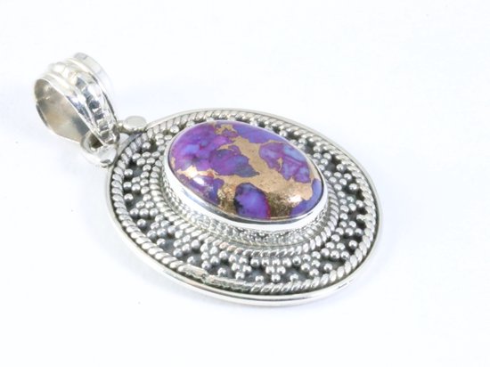 Bewerkte ovale zilveren hanger met paarse koperturkoois afbeelding 2