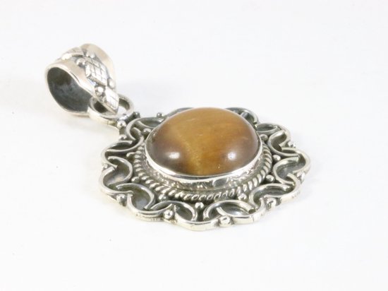 Bewerkte zilveren hanger met tijgeroog aan ketting afbeelding 2