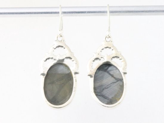 Bewerkte zilveren oorbellen met zwarte Picasso jaspis afbeelding 3
