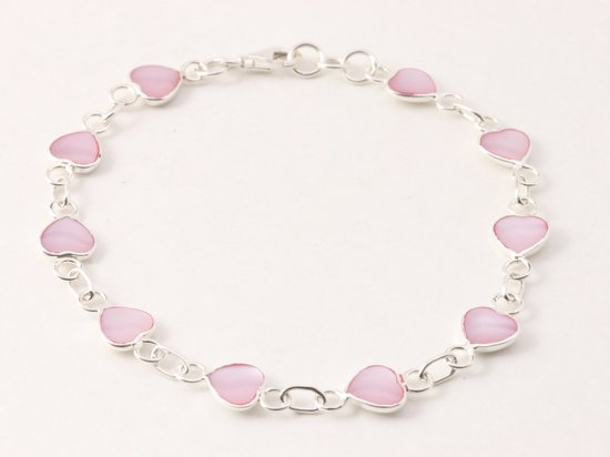 Zilveren hartjes armband met roze parelmoer afbeelding 1