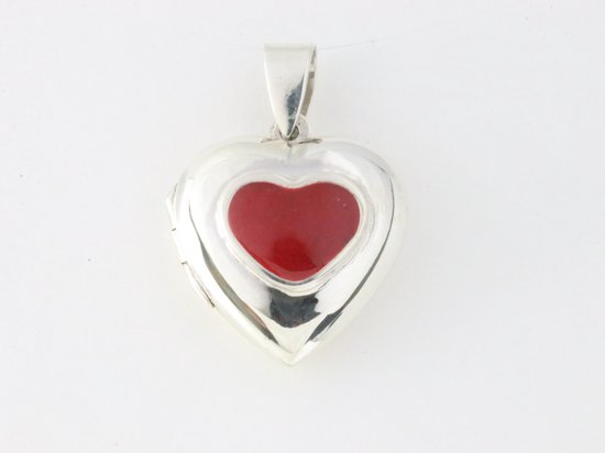 Hartvormig zilveren medaillon met rode koraal steen afbeelding 4