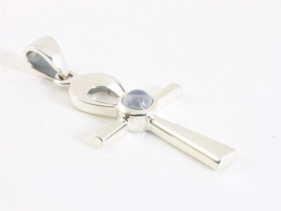 Fijne zilveren ankh hanger met regenboog maansteen afbeelding 2