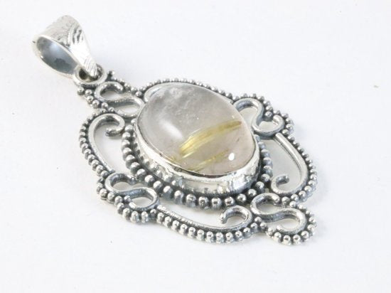 Opengewerkte zilveren hanger met gouden rutielkwarts afbeelding 2