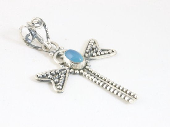 Zilveren libelle hanger met blauwe chalcedoon afbeelding 2