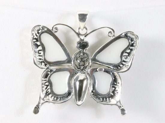 Grote zilveren vlinder hanger met parelmoer afbeelding 3